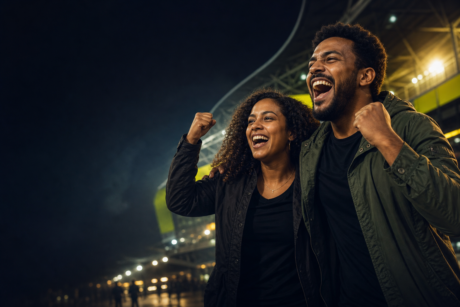 ሁለት አዋቂ የኢትዮጵያ እግር ኳስ ደጋፊዎች በስታዲየም ሲደሰቱ