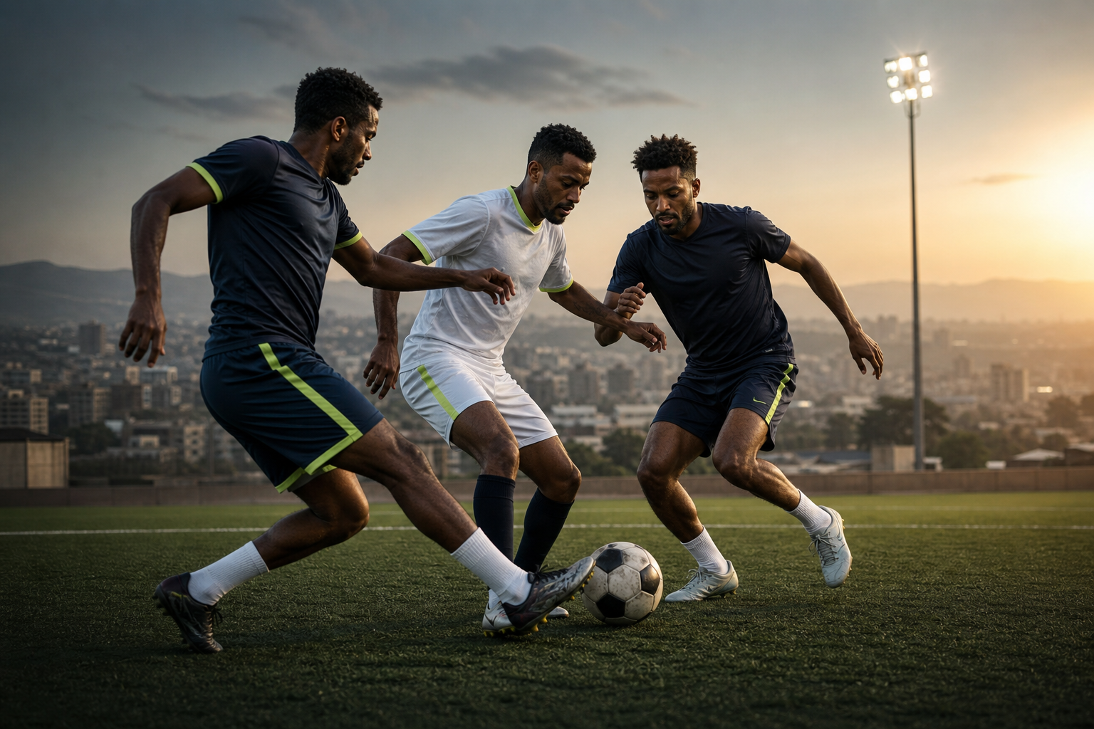 በአዲስ አበባ የማህበረሰብ ሜዳ ላይ የሚለማመዱ አዋቂ እግር ኳስ ተጫዋቾች