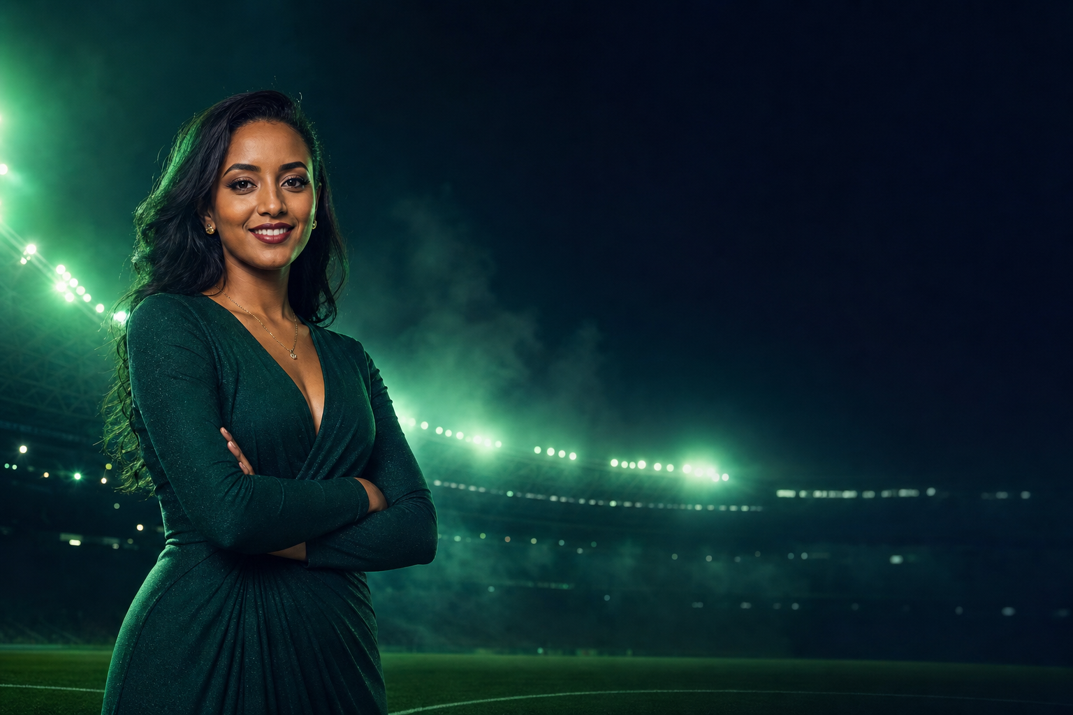 በስታዲየም ውስጥ የDashBet ምዝገባ መመሪያን የምታሳይ አዋቂ ኢትዮጵያዊት ሴት